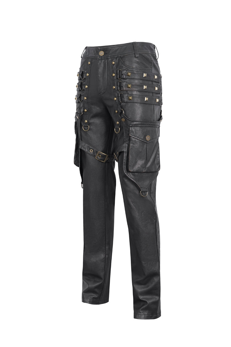 Black Big Pocket Bronze Studded Faux Leather Men's Gothic Pants