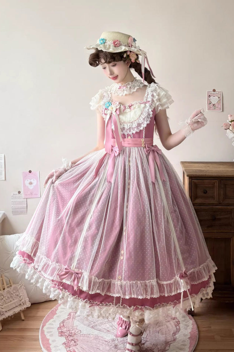 Rose Red [Sakura’s Spring Resonance] Sleeveless Ruffled Bow Sweet Lolita Jsk Dress (Long Version)