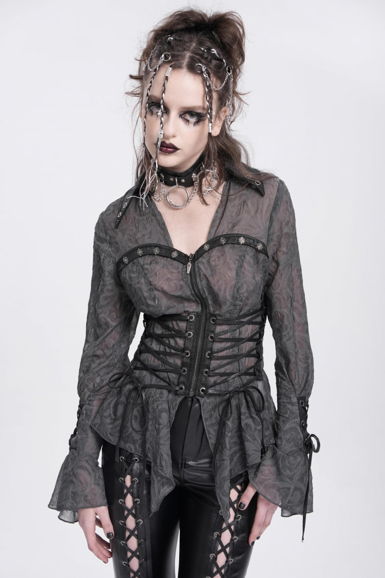 Black Long Sleeves Embroidery Lace-Up Irregular Sheer Women's Gothic Blouse