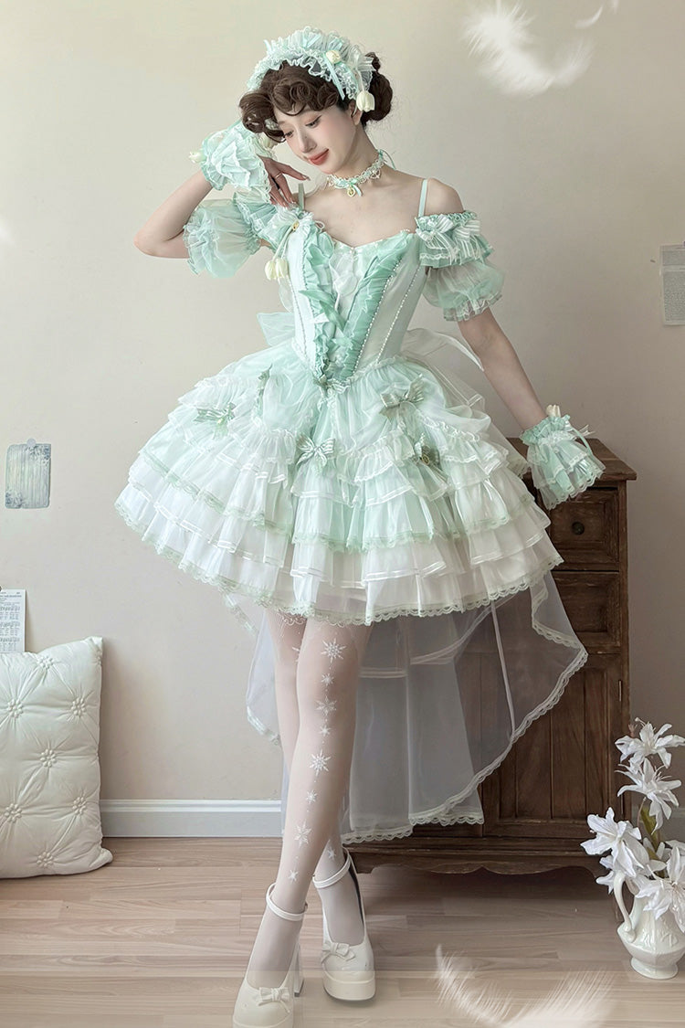 Green [Tulip and Wind Chime] Multi-Layered Ruffle Bowknot Lace Sweet Gorgeous Lolita Jsk Dress