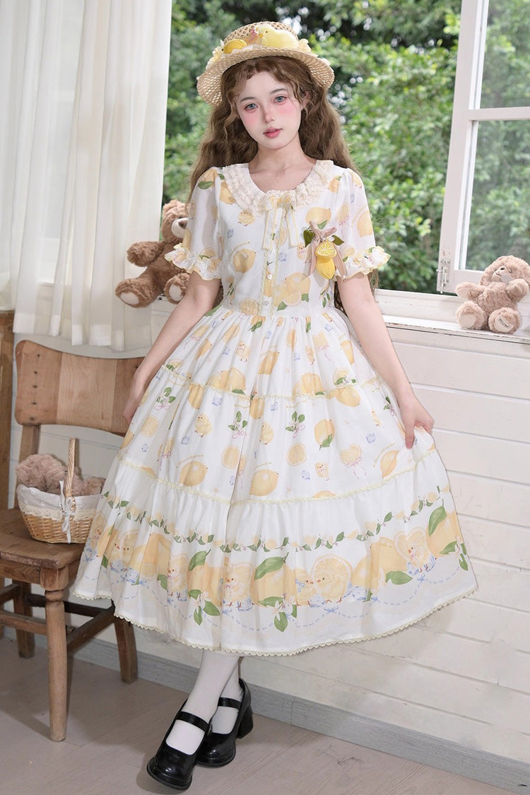 White [Lemon Chicken] Short Sleeves Print Ruffle Bowknot Lace Daily Sweet Lolita Dress