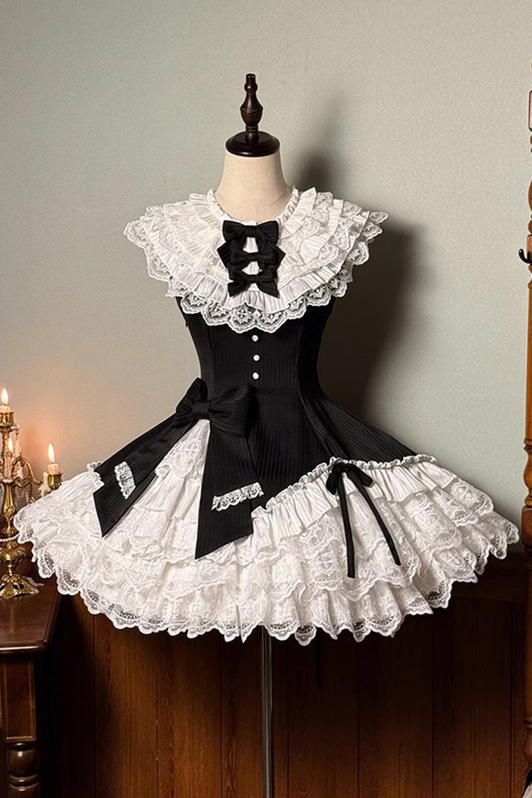 Black/White [Miss Tsundere] Sleeveless Multi-Layered Ruffle Bowknot Lace Asymmetric Sweet Princess Lolita Dress