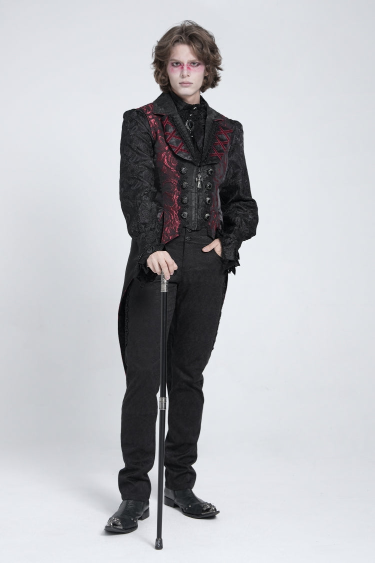 Gilet gothique à queue d'hirondelle pour homme sans manches noir/rouge avec laçage et fermeture éclair 