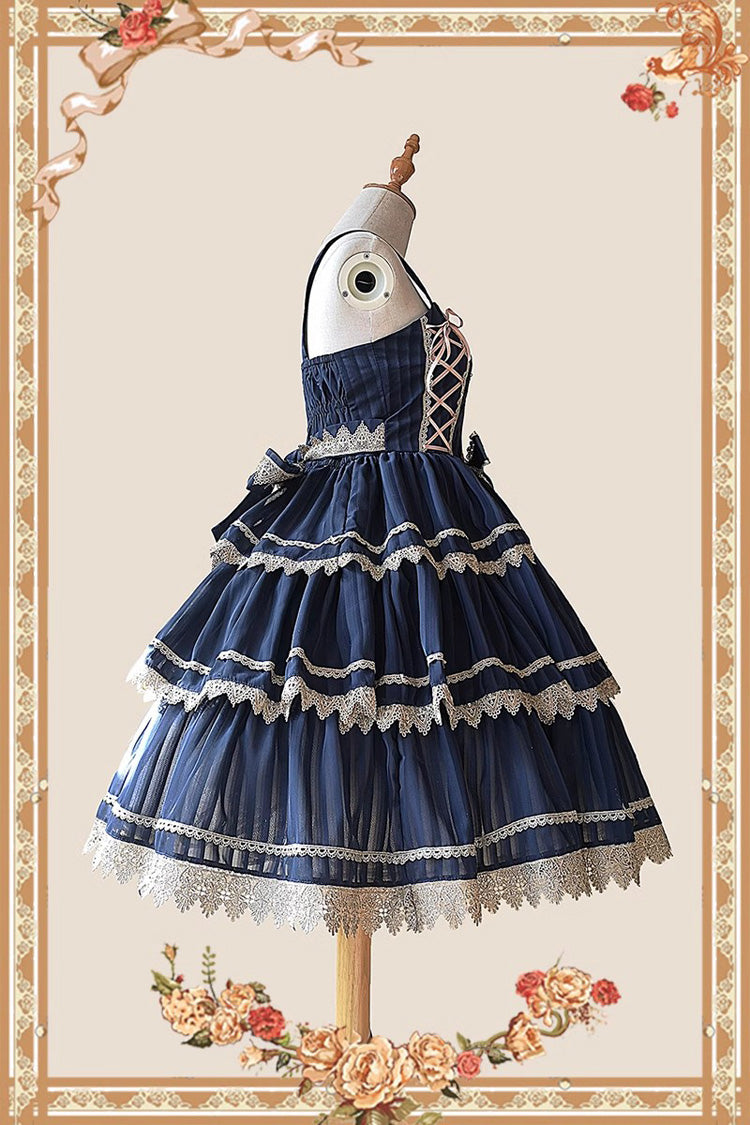 Dark Blue Three-section Cake Sleeveless Ribbon Sweet Lolita Tiered Dress