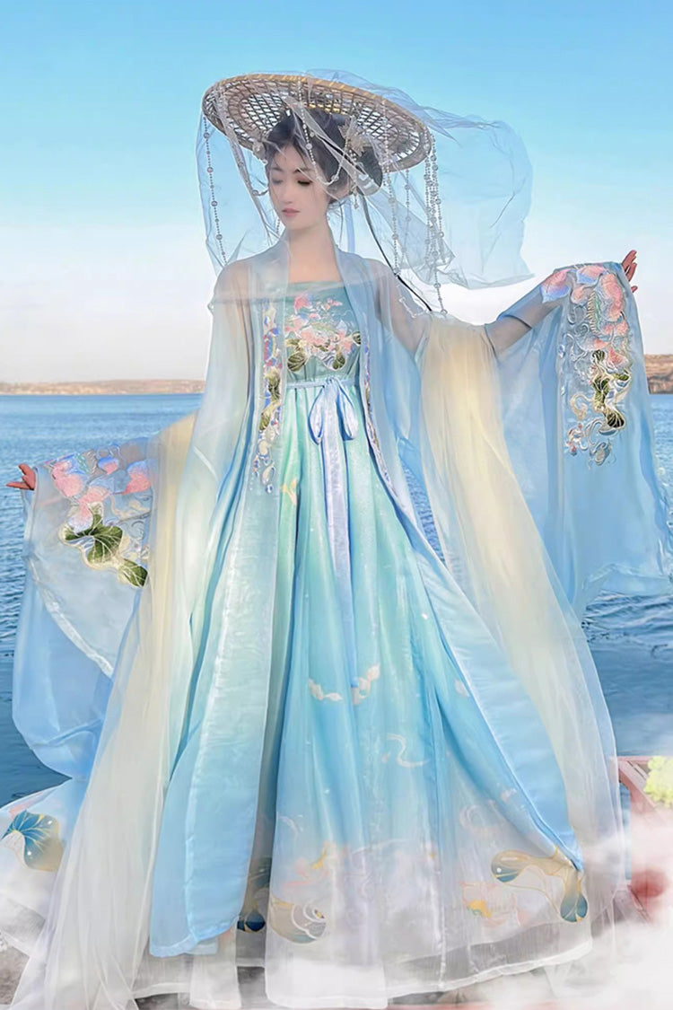 Blue Tang Dynasty Long Trumpet Sleeves Print Embroidery Sweet Hanfu Dress