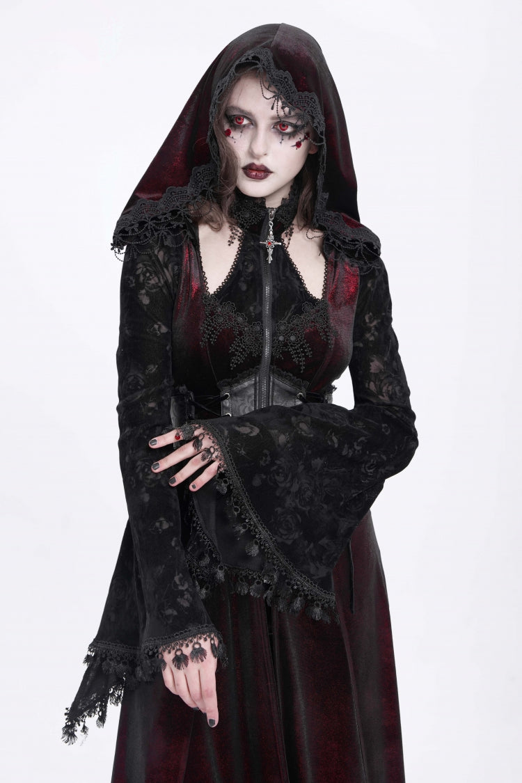 Red Long Sleeves Hollow Embroidery Hooded Ripped Women's Gothic Dress Coat