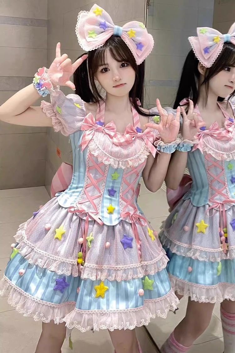 Blue/Pink Magical Girl Short Sleeves Ruffle Bowknot Stars Sweet Princess Lolita Dress