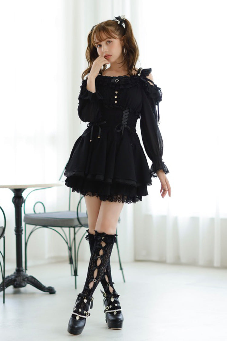 Black Off Shoulder Long Sleeves Floral Print Ruffle Bowknot Lace-Up Gothic Jirai Kei Japanese Skirt Set