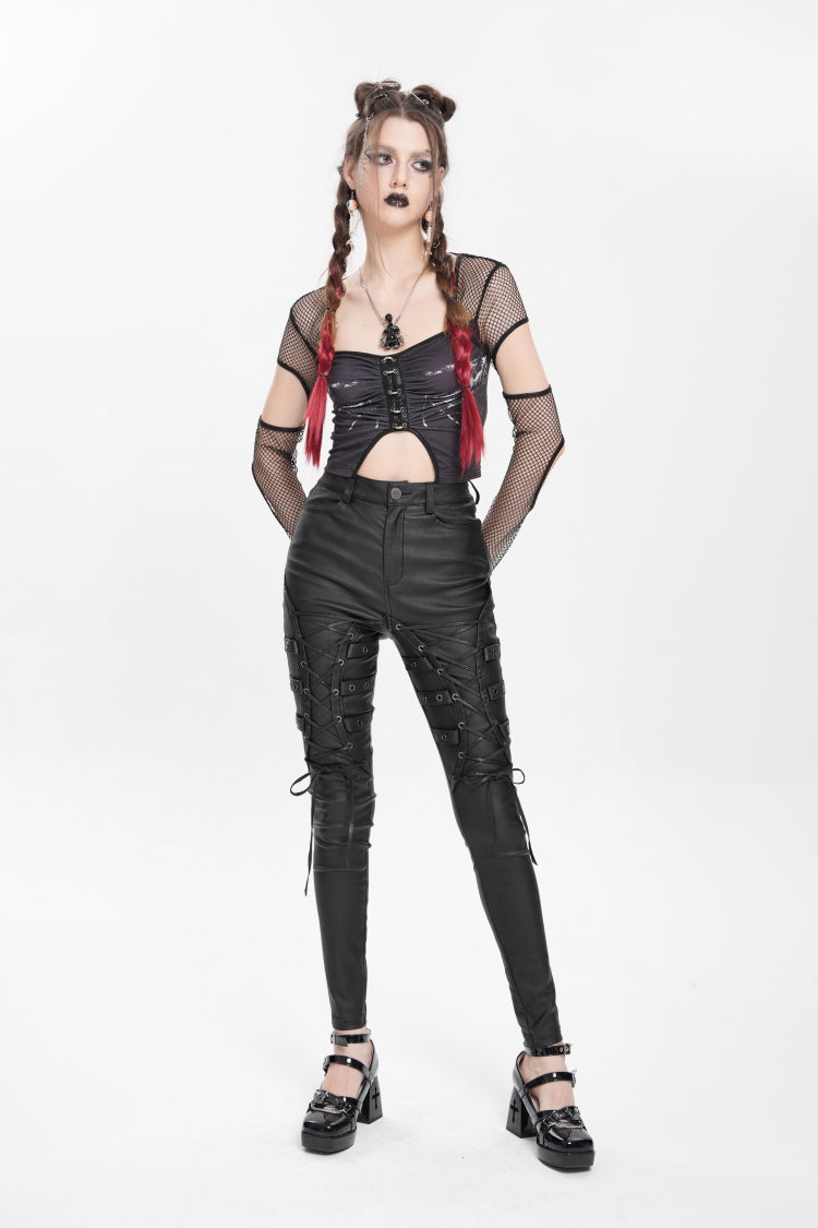 Black Lace-Up Eyelet Straps Women's Punk Pants