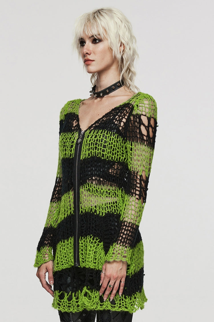 Lange Ärmel, Streifenmuster, Reißverschluss, unregelmäßig zerrissen, Steampunk-Pullover für Damen, 4 Farben