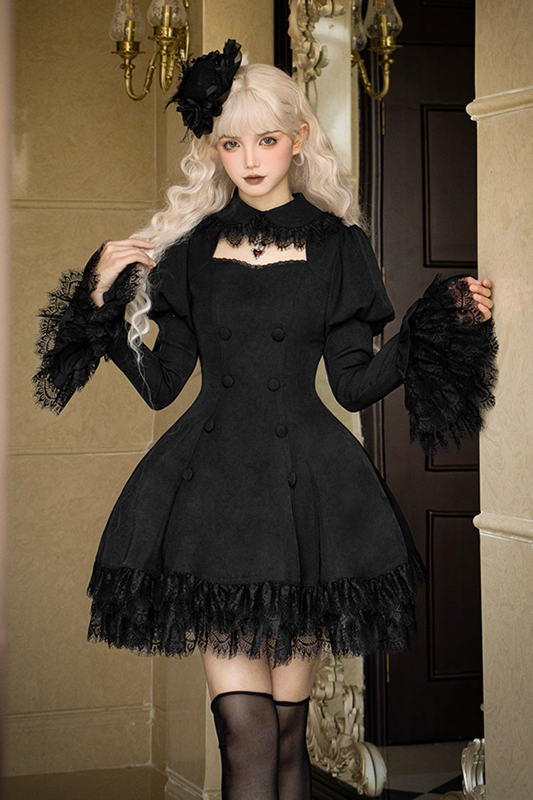Schwarzes [Mitternachtsflüstern] Doppelt geknöpftes Kurzarm Hohles Gothic Lolita Kleid 