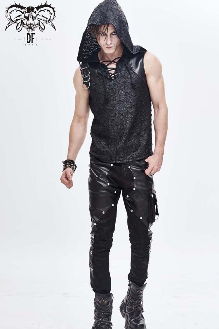 Black Hooded Tattered Chest Lace Up Metal Buckle Knit Men's Punk Vest