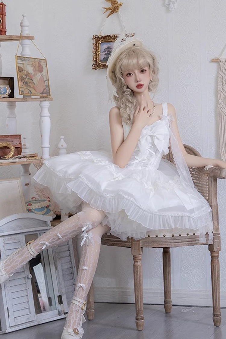 White [Bright Moonlight] Sleeveless Ruffle Bowknot Lace Lace-Up Sweet Elegant Lolita Jsk Dress
