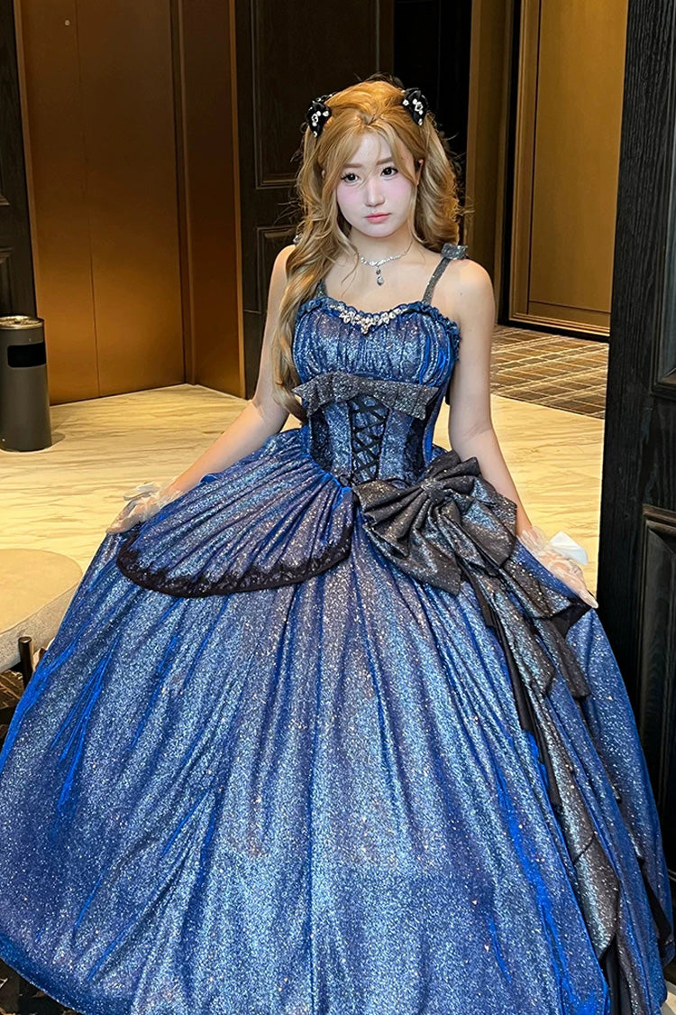 Blaues [Galaxy of Fallen Tears] ärmelloses, glitzerndes, asymmetrisches süßes Lolita-JSK-Kleid mit Schleife und Rüschen