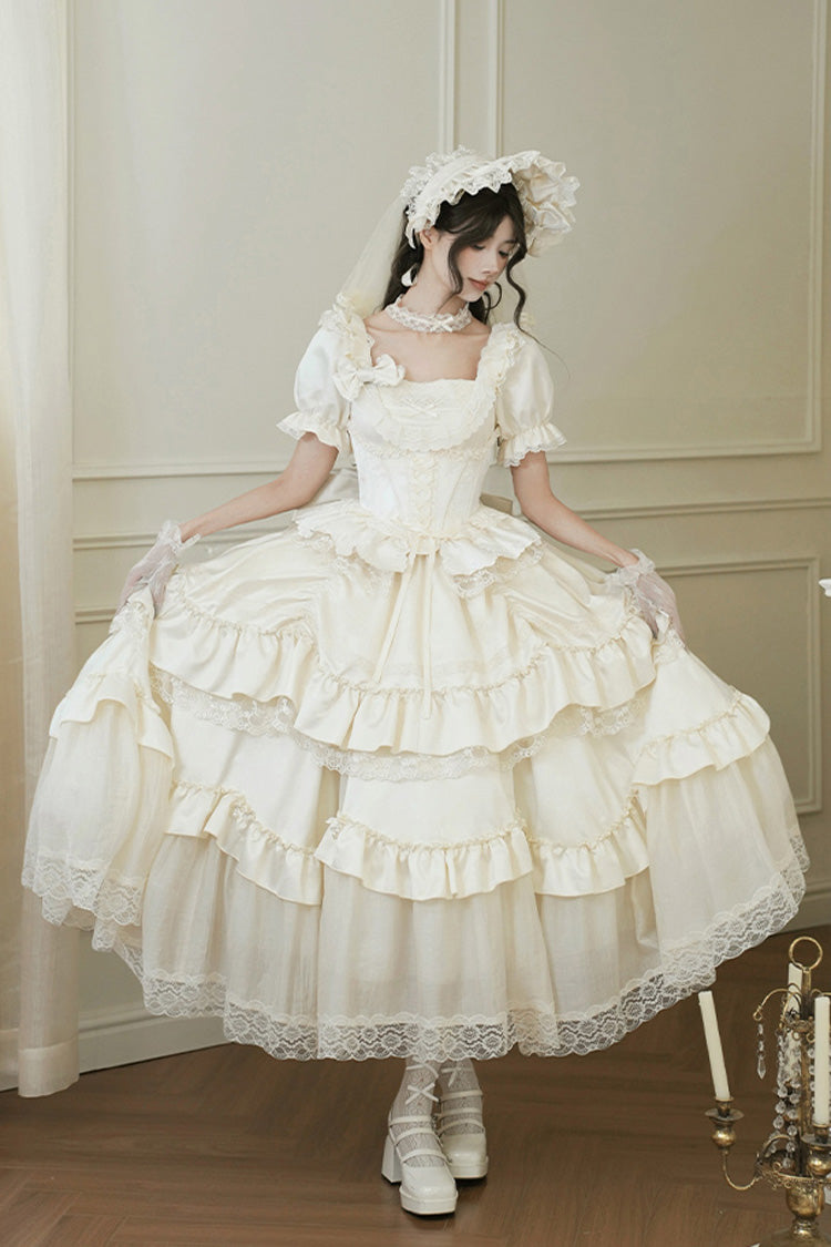 White [Letters and Poems] Square Collar Short Sleeves Ruffle Hanayome Bowknot Sweet Elegant Gorgeous Lolita Dress