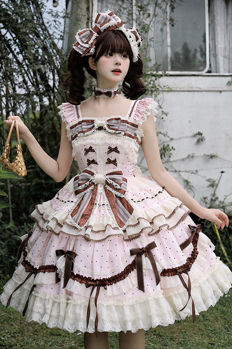 Pink [Shengqiao Tata] Sleeveless Print Ruffle Bowknot Lace-Up Sweet Elegant Lolita Jsk Dress