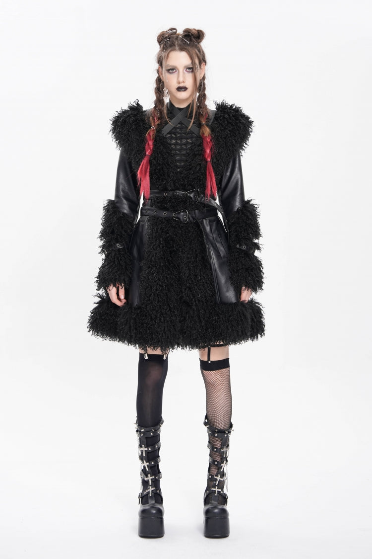 Black Long Sleeves Plush Stitching Buckle Hooded Straps Women's Punk Coat