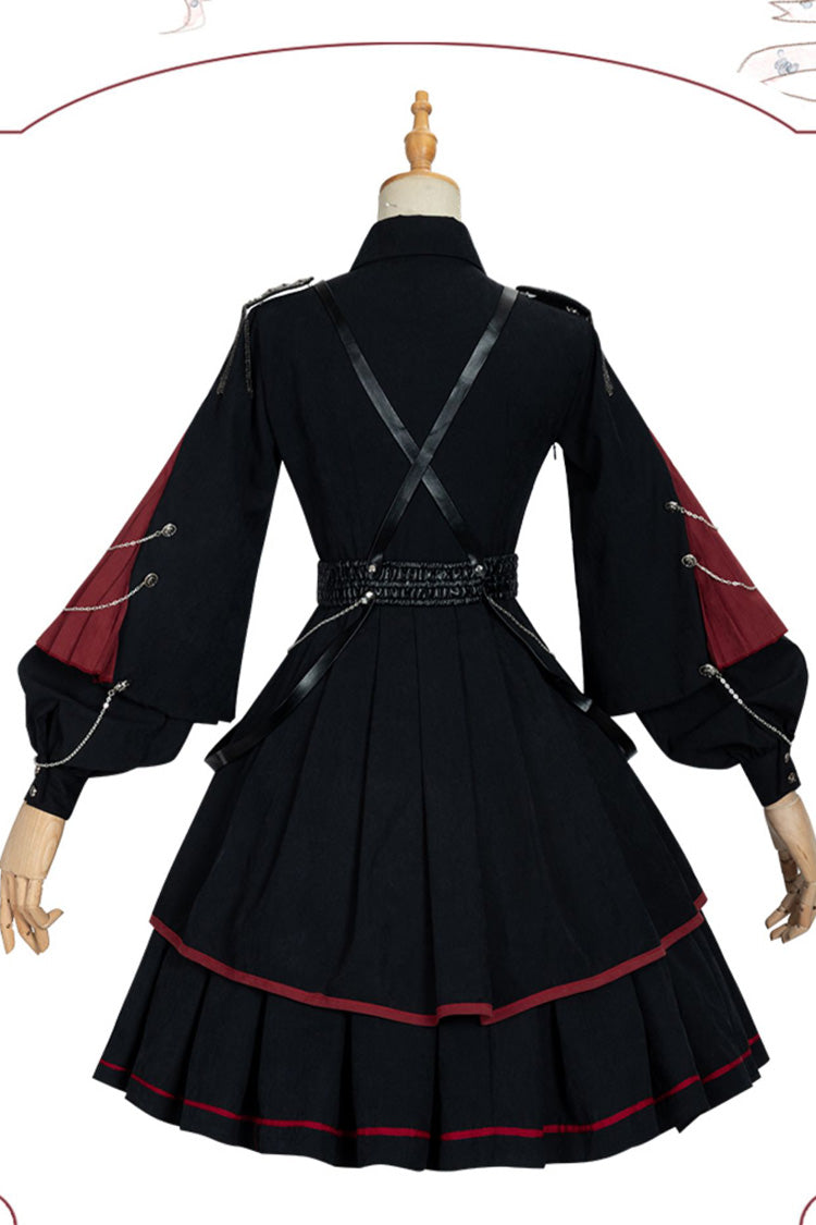 Schwarz/Rot Langärmliges Punisher Militär Unregelmäßiges Gothic Lolita Kleid Komplettset