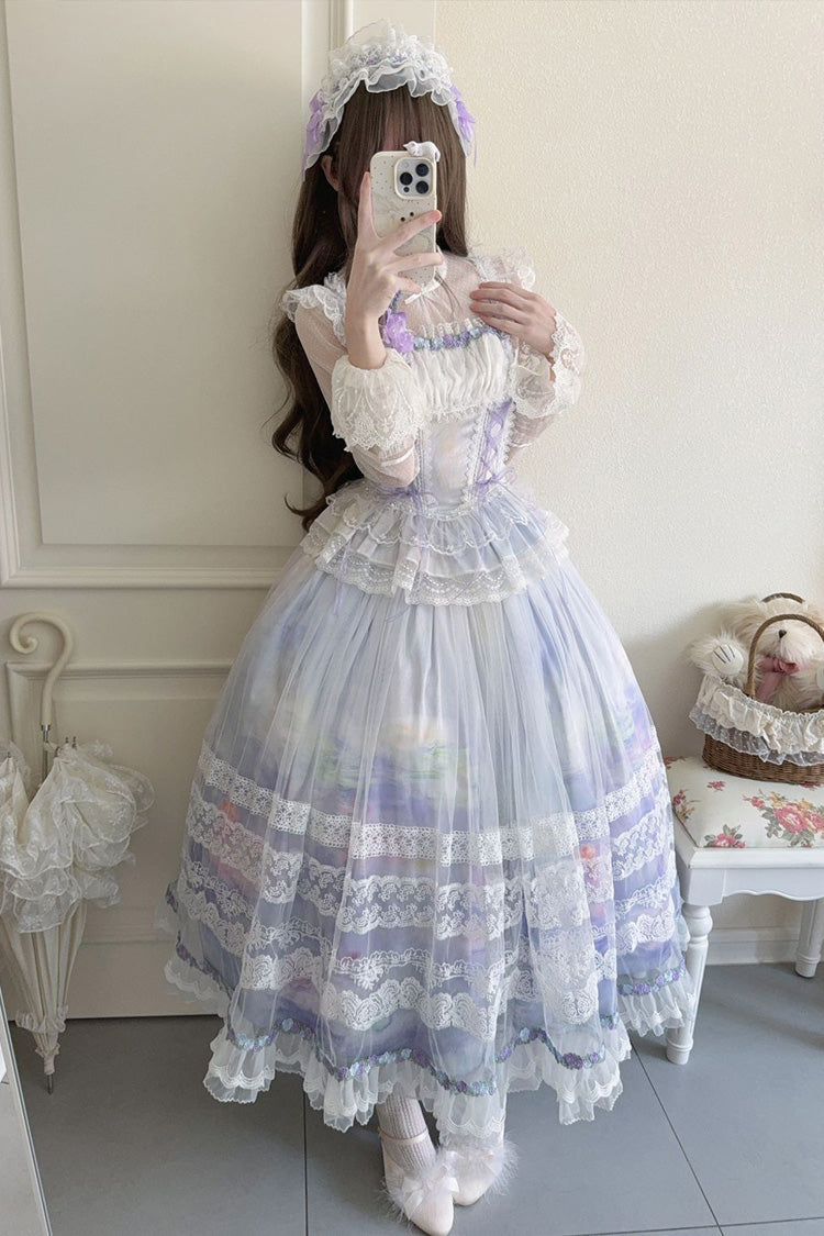 Light Purple [Mist-shrouded Vineyard] Sleeveless Ruffle Bowknot Lace-Up Sweet Lolita Jsk Skirt Dress Set
