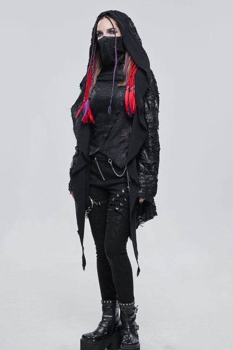 Black Punk Diablo Hole Design Cross Shape Stitching Transparent Mesh Metal Decoration Knitted Women's Coat