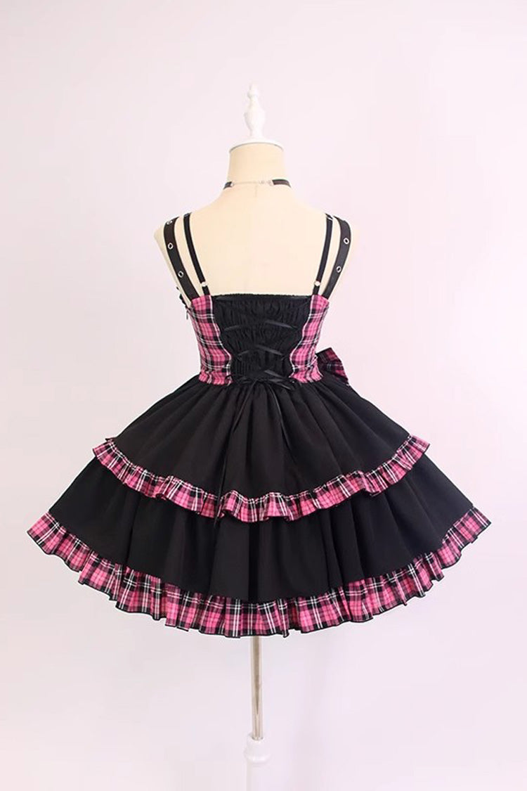 Schwarz/Rosa Plaid Print Farbkontrast Leder Schnalle Bowknot Rüschen Gothic Lolita JSK Kleid