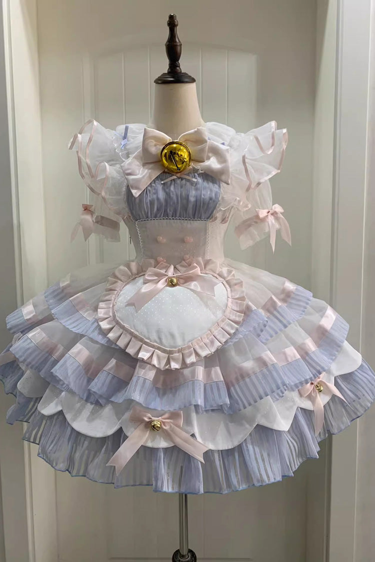 Blue Magical Girl Multi-layer Ruffle Bowknot Bell Maid Sweet Lolita Dress Full Set