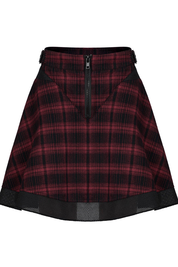 Red Chiffon Plaid Large-Hole Mesh Stitching V-Word Segmentation Design Sun-Hem Women's Punk Skirt