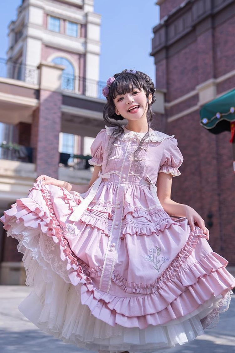 Pink Doll Collar Short Sleeves Iris Poem Print Ruffle Embroidery Sweet Lolita Dress