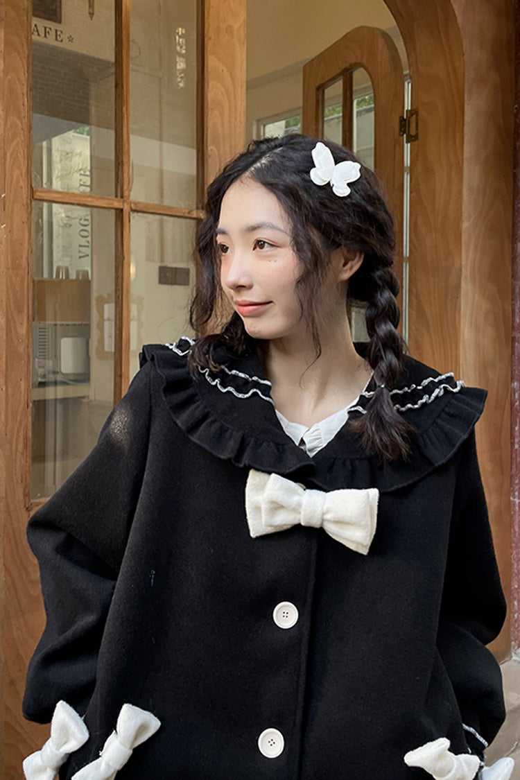 Black [Bouquet Bear] Doll Collar Long Sleeves Ruffle Bowknot Princess Lolita Coat