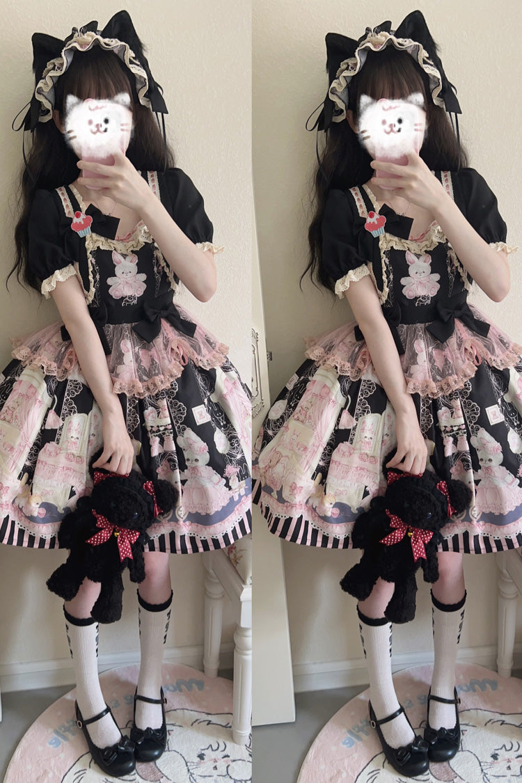 Rabbit Bear Wardrobe Print Ruffle Bowknot Sweet Lolita Dress 3 Colors