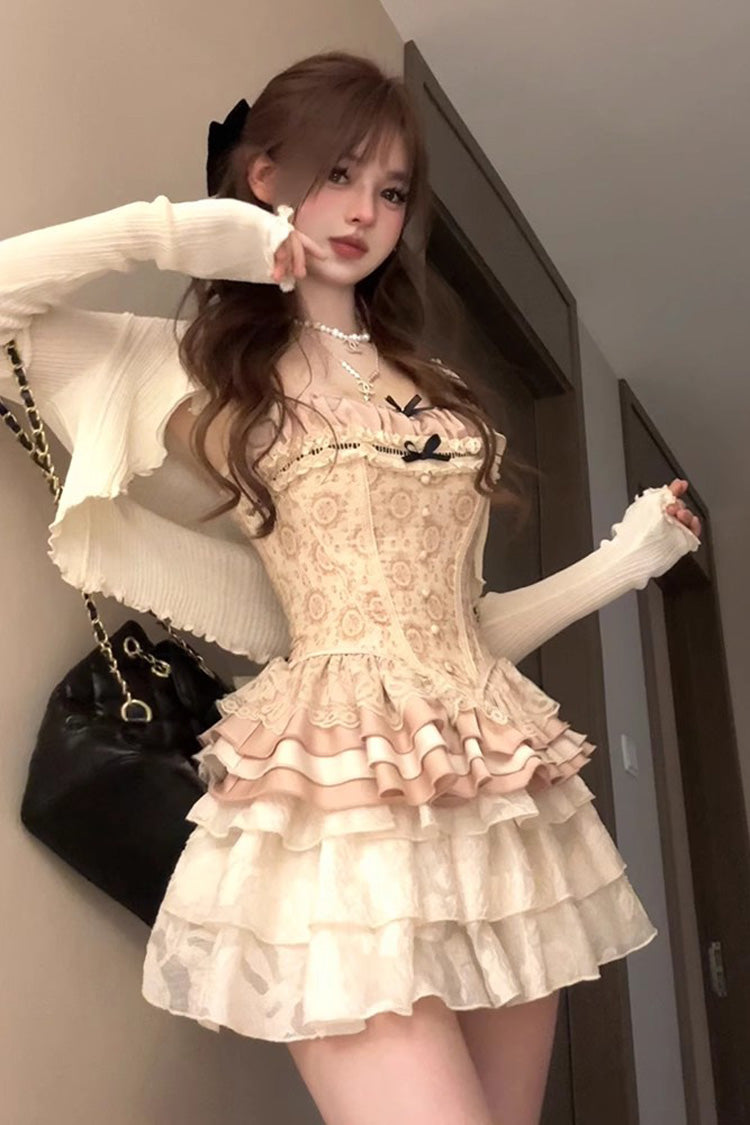 Apricot Multi-Layered Print Ruffle Embroidery Bowknot Sweet Vintage Lolita Skirt