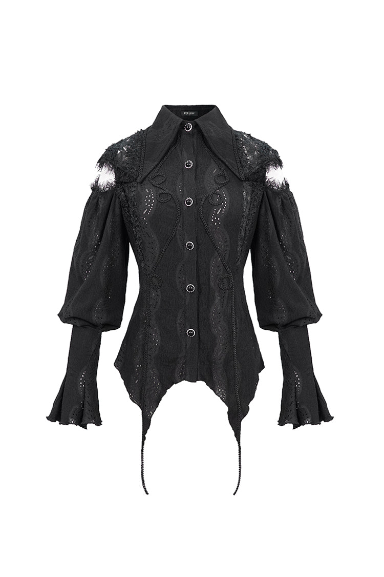 Black Front Chest Webbing Appliques Hollow-Out Lantern Sleeve Flare Cuff Back Waist Lace Up Women's Gothic Blouse