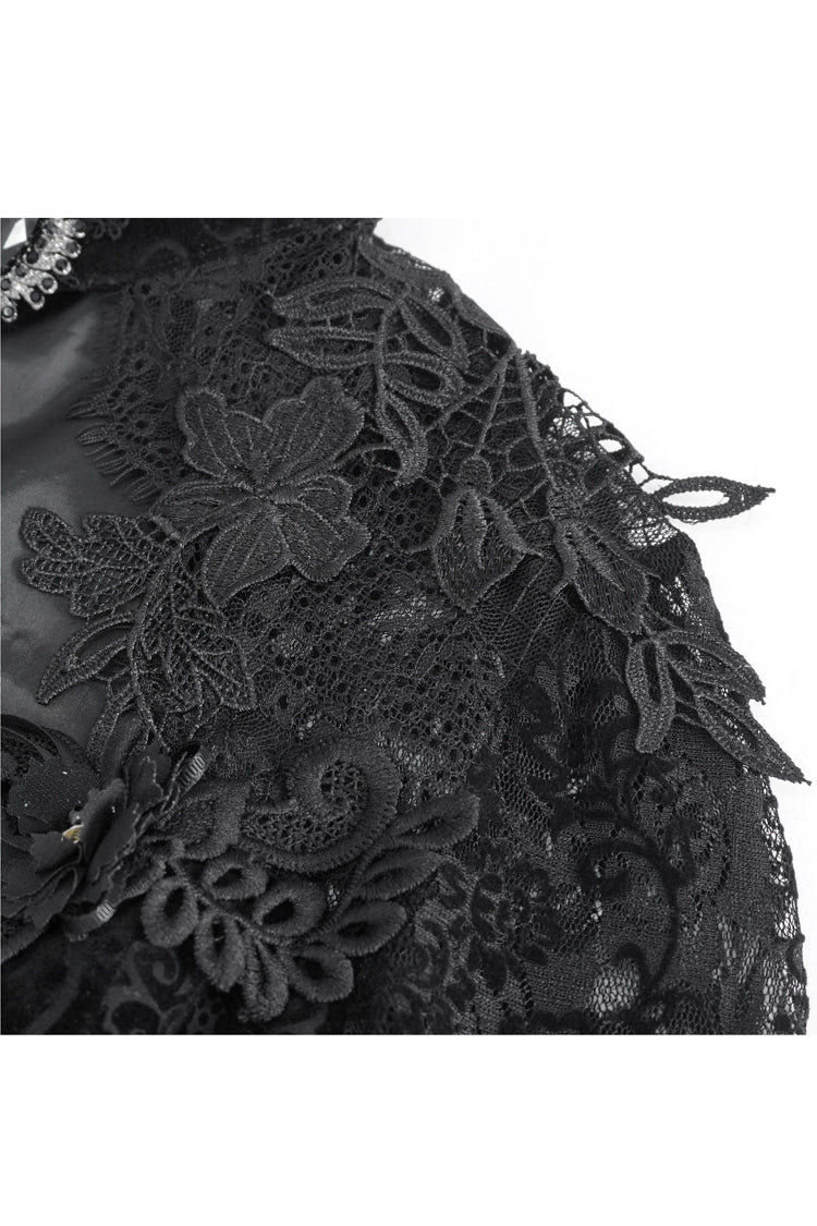 Schwarze Gothic-Bluse mit langen Trompetenärmeln und Spitzennähten für Damen
