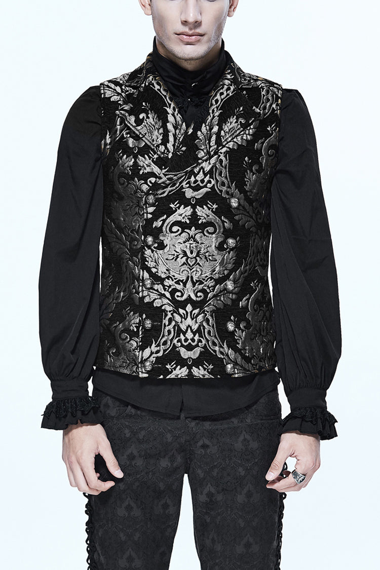 Black/Silver Palace Short Big Jacquard Pattern Men's  Gothic Waistcoat