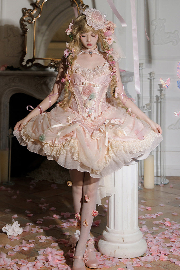Pink [Dream Garden] Ruffle Hanayome Embroidery Bowknot Lace Fishbone Sweet Princess Gorgeous Lolita Jsk Dress