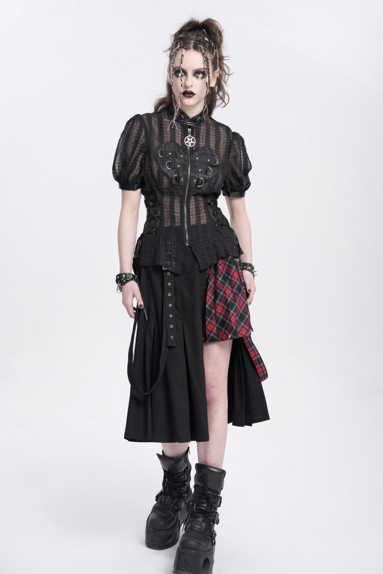 Black Stand Collar Short Puff Sleeves Sheer Mesh Women's Gothic Blouse