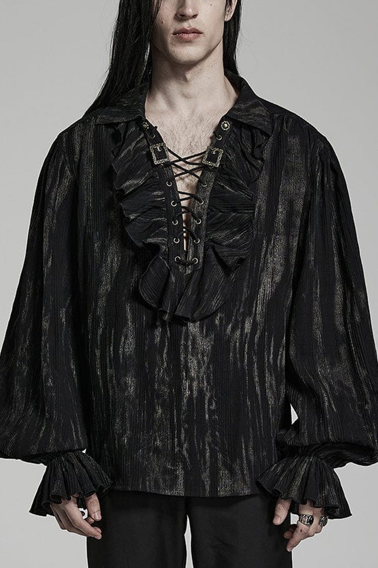 Men's Jacquard V Collar Lantern Sleeves Print Ruffle Gothic Blouse 2 Colors