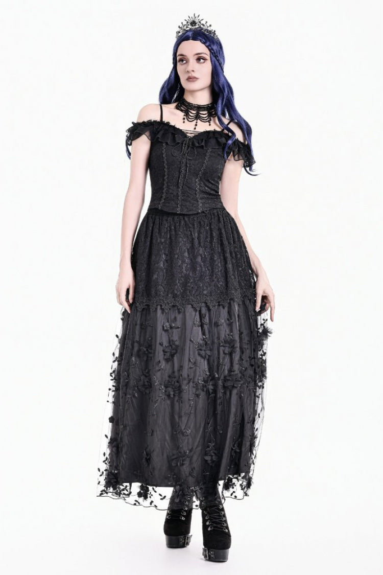 Black Women's Gothic Baroque 3D Floral Applique Vine Embroidered Lace Tiered Maxi Skirt