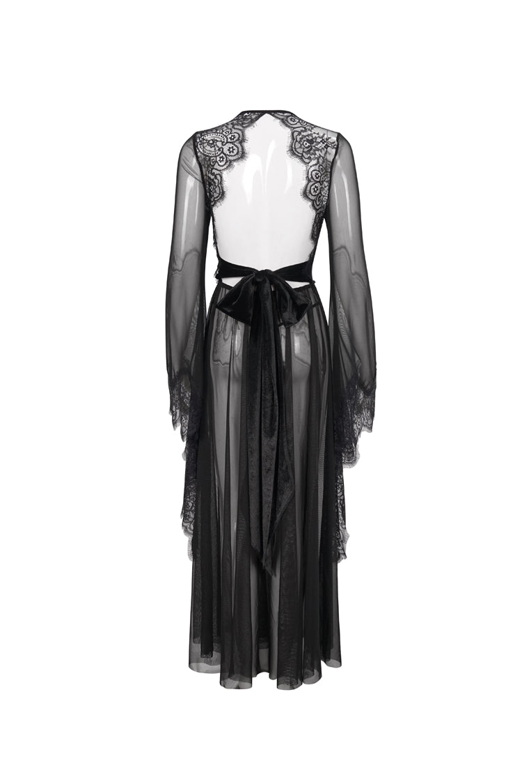 Schwarzes, perspektivisches, sexy, rückenfreies Kleid mit V-Ausschnitt und Schnürung und ausgestellten Ärmeln für Damen im Gothic-Stil