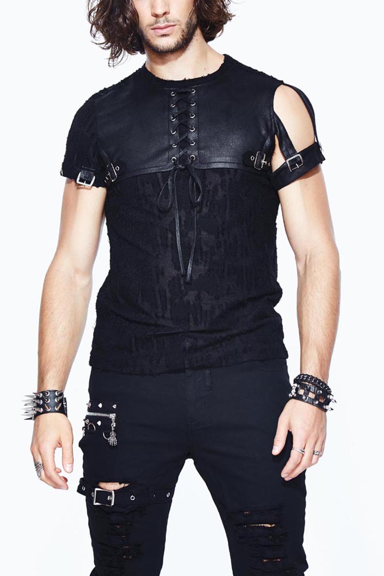 Black Leather Loop Sleeve Irregular Jacquard Knitted Chest Lace Up Removable Men's Punk Shirt