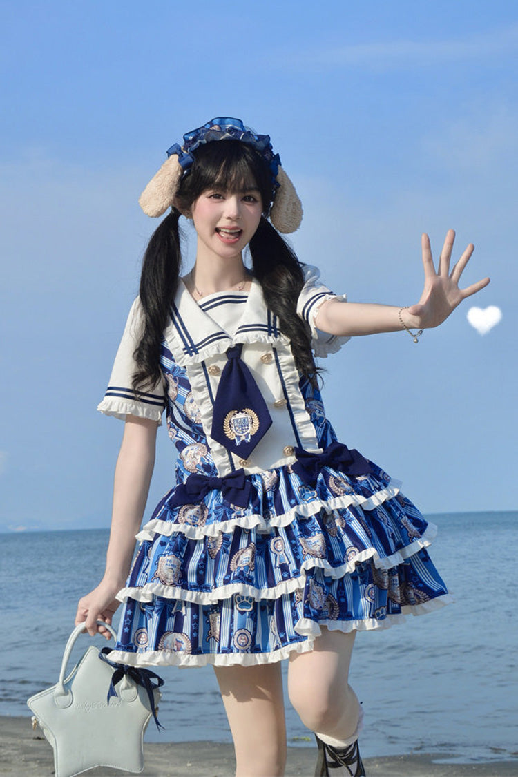 ブルー [Glory of the Dog] ネイビーカラー半袖ローウエスト三層プリントフリルリボンスイートロリータドレス