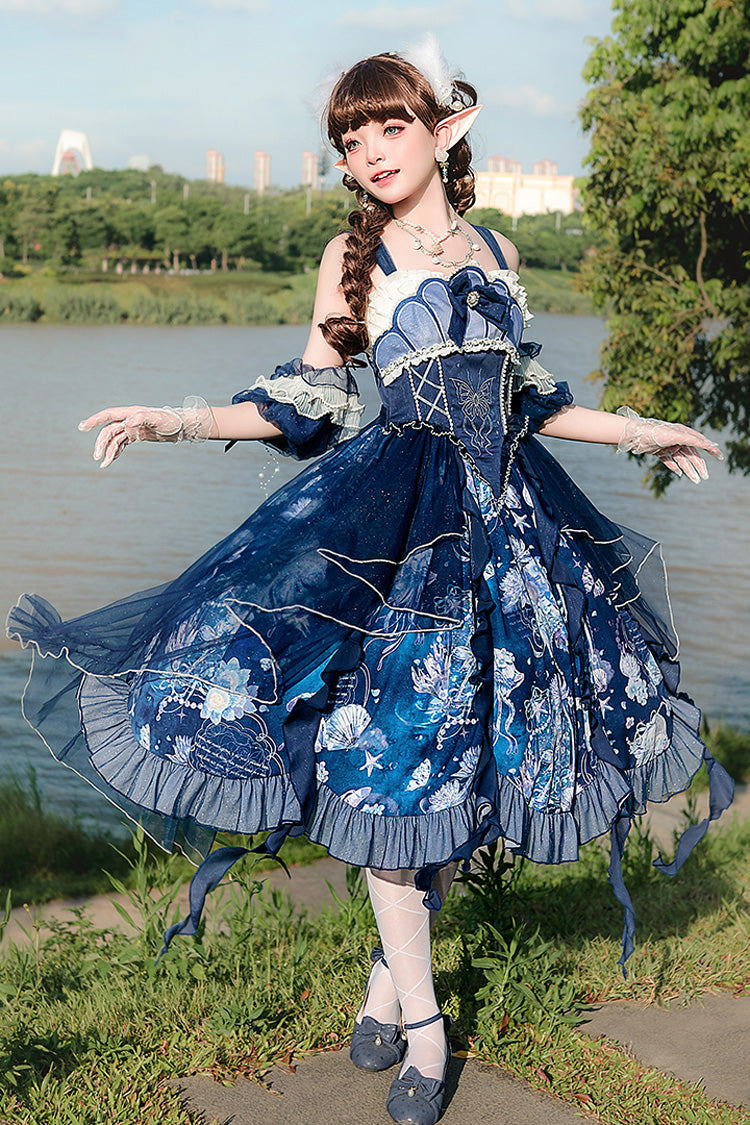 Blaues [Tiefseequallen] Print Rüschenspitze Süßes Elegantes Lolita Jsk Kleid