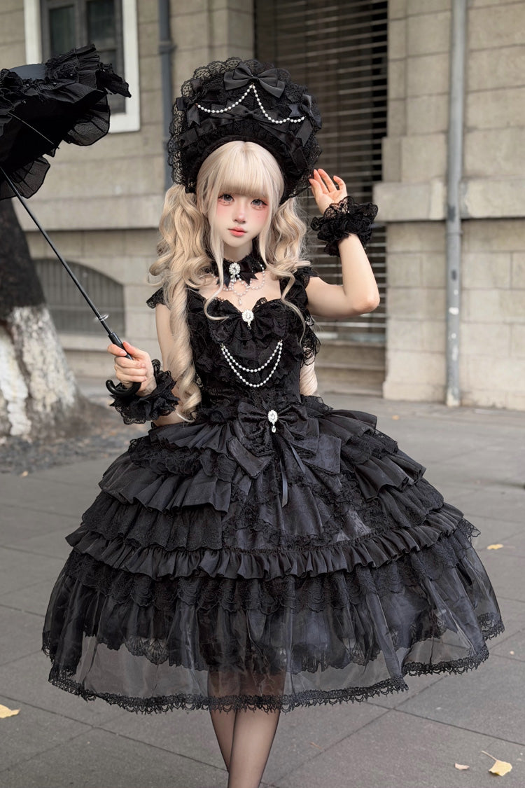 Black [Rose Vow] Sleeveless Fitted Waist Bow Lace Ruffled Pearl Detail Sweet Bridal Lolita Jumper Skirt