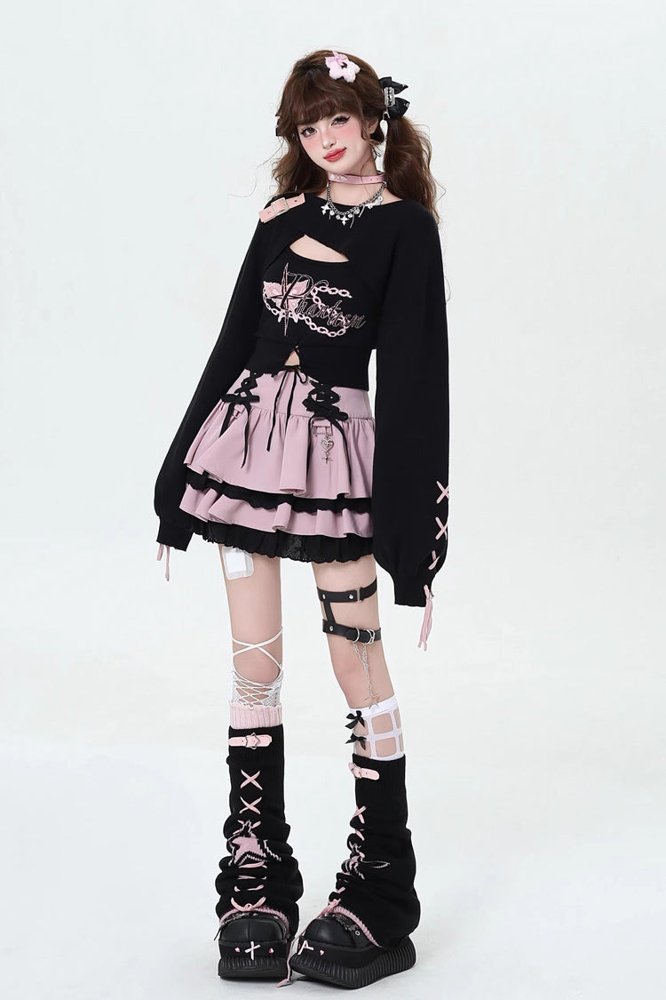 [Période Rebelle] Jupe Lolita Gothique Japonaise à Lacets à Volants Double Couche 3 Couleurs 