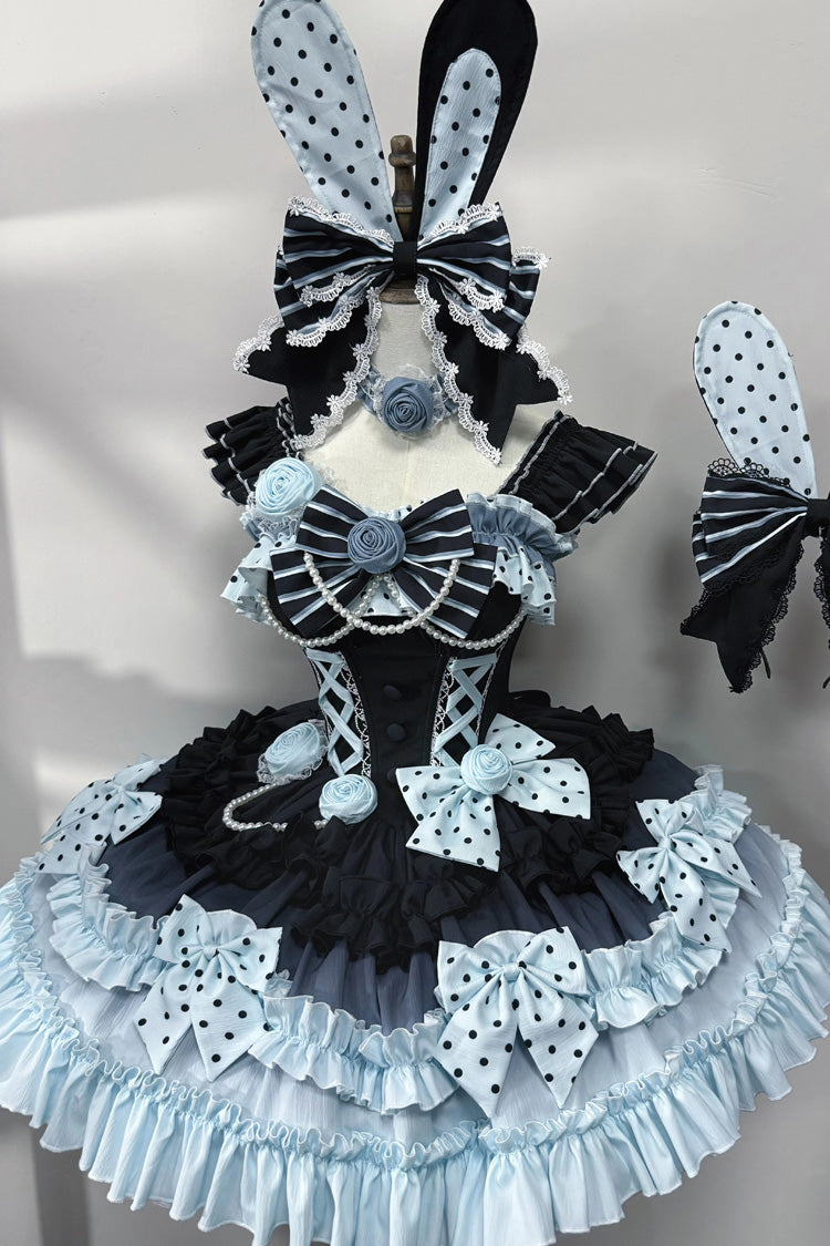 Süßes Lolita JSK-Kleid-Set mit quadratischem Kragen, Flatterärmeln, bedruckter Rüschenschleife und Perlendetail, 7 Farben