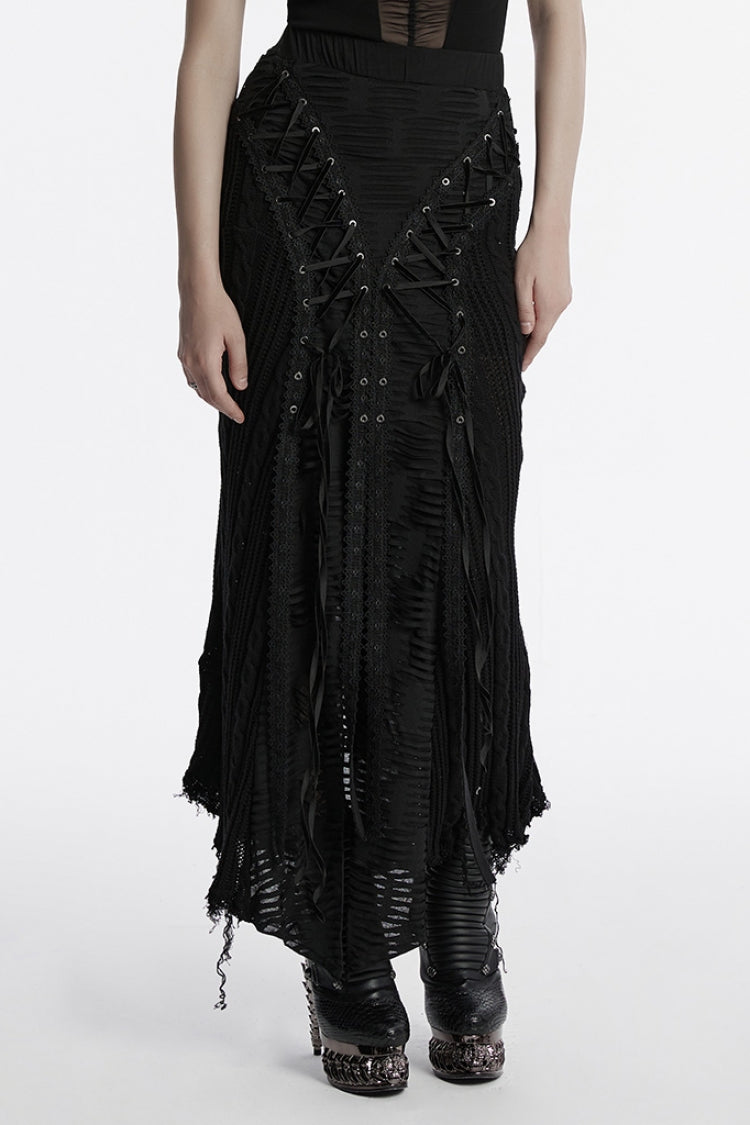 Black Ripped Lace-up Women's Gothic Knitted Skirt