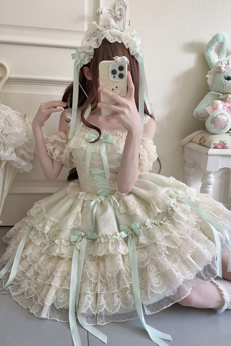 Green [Ribbon Heart Love] Sleeveless Multi-Layered Ruffle Bowknot Lace Lace-Up Sweet Princess Ballet Lolita Jsk Dress