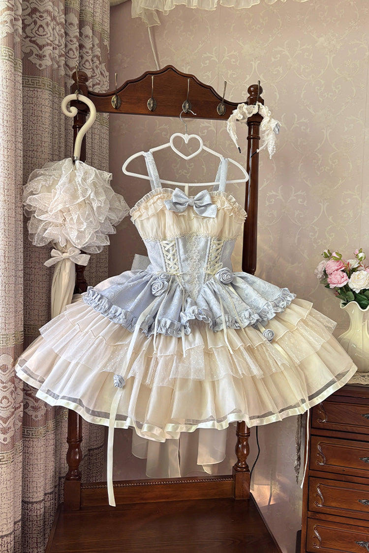 Blue/Ivory Dance of Time Triple-Layered Ballet Style Bowknot Lace-Up Sweet Lolita Jsk Dress