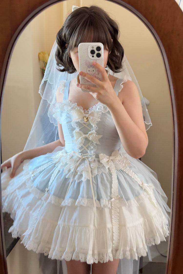 Blue [Sweetheart Splolita] Ruffle Bowknot Lace-Up Sweet Lolita Skirt Set