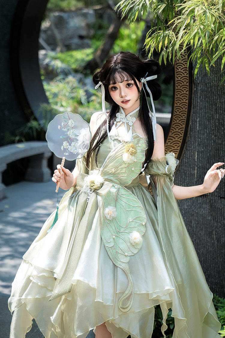 Grünes Neckholder ärmelloses Schleifenknoten Spitzen unregelmäßiges süßes chinesisches Lolita Jsk Kleid 